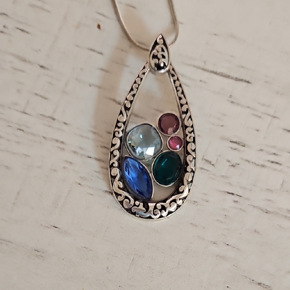 Brighton Elegant Silver Teardrop Pendant with Multicolor Gemstones - Picture 5 of 6